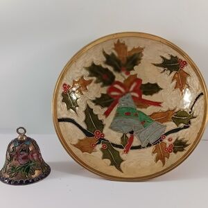 Cloisonne And Brass Holly Dish And Bell